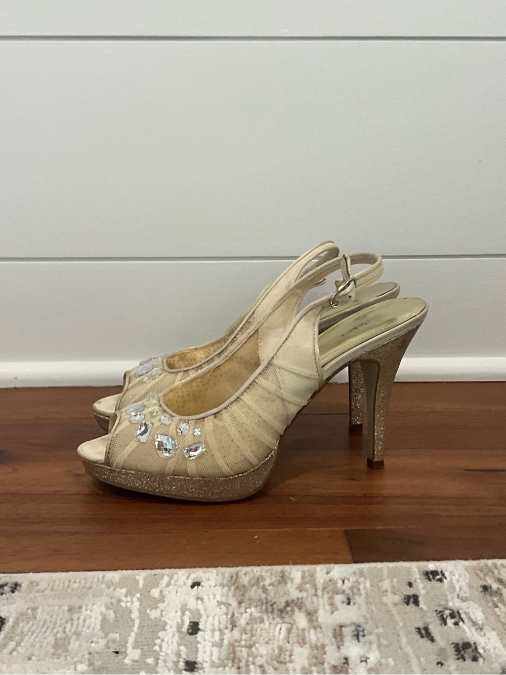Style & Co. Champagne Glitter Slingback Heels with Crystal Accents